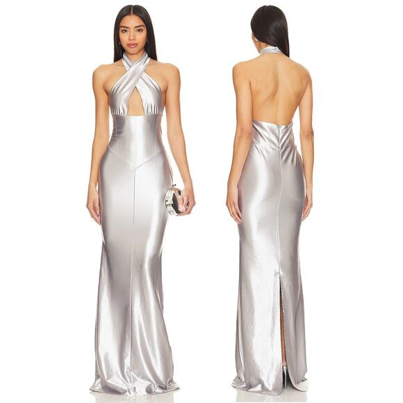 Retrofete Charity Gown Maxi Halter Party Formal Gala Prom Classy Guest Silver S